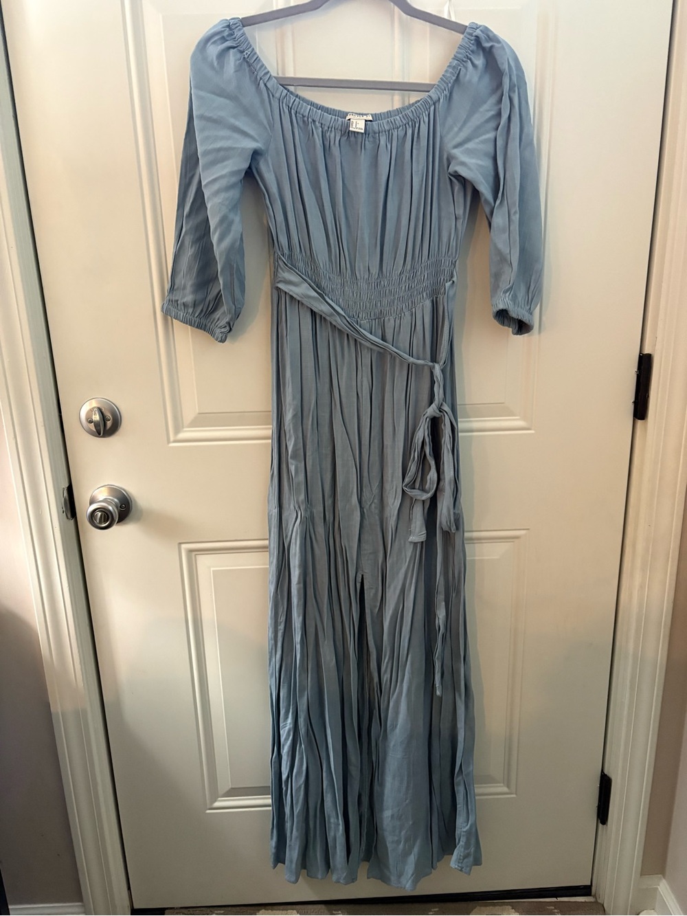Forever 21 Dusty Blue Off-Shoulder Maxi Dress with Waist Tie